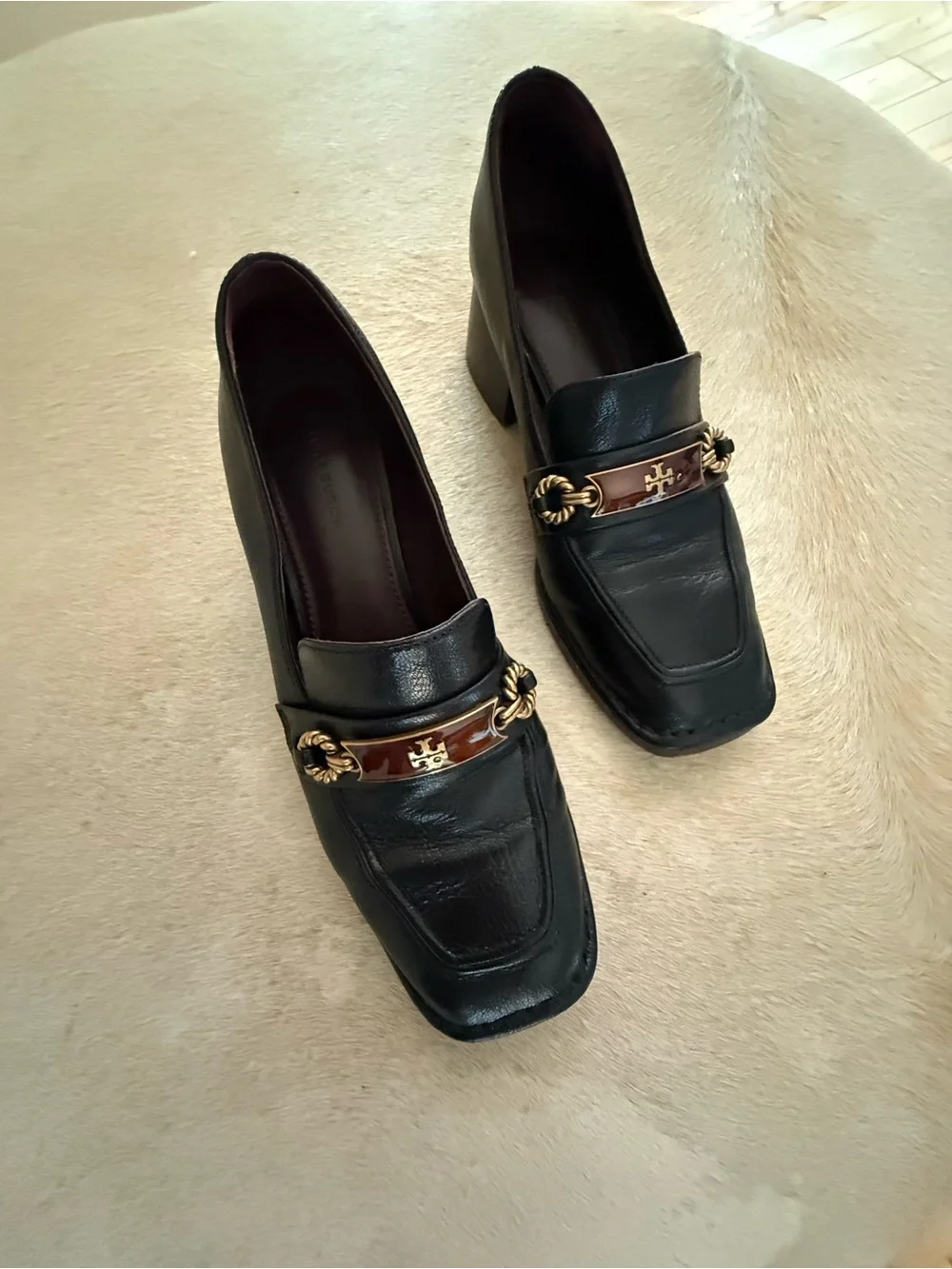 Tory Burch Black Leather Block Heel Loafers with Brown and Gold Trim